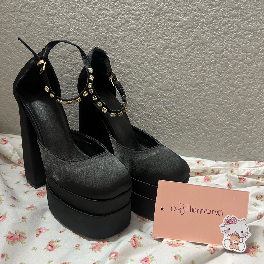 Black platform rhinestone heels